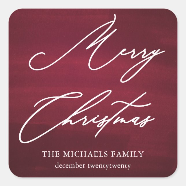 Red Merry Christmas Elegant Script Square Sticker (Front)