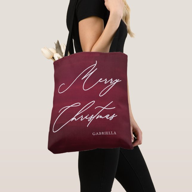 Red Merry Christmas Elegant Script with Name Tote Bag (Close Up)