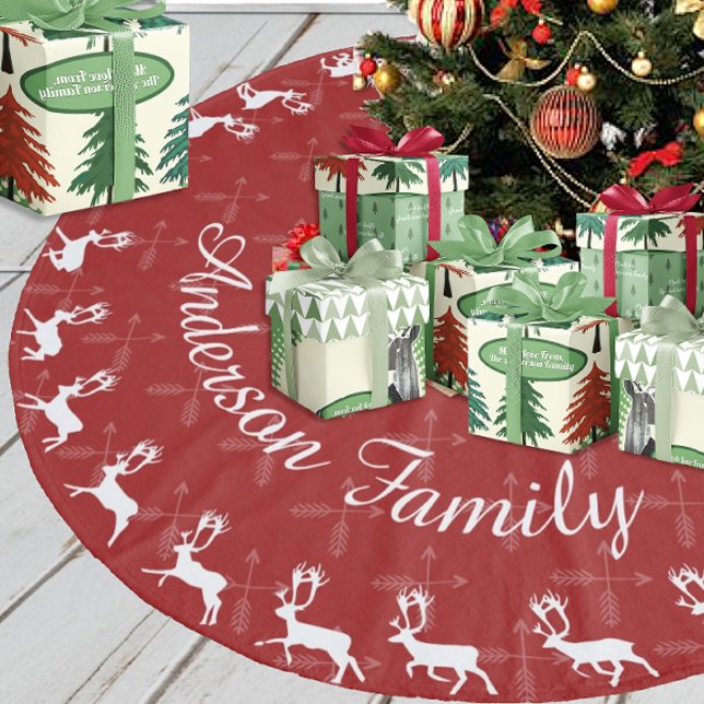Red Merry Christmas Family Name Reindeer Arrows Fleece Tree Skirt (Creator Uploaded)