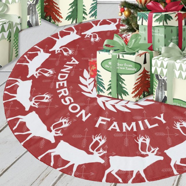 Red Merry Christmas Family Name Rustic Reindeer  Fleece Tree Skirt (Creator Uploaded)