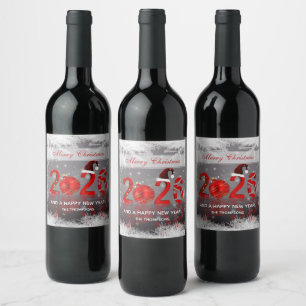 Red Merry Christmas Festive New Year 2026 Wine Label