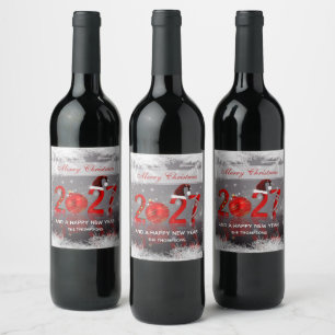 Red Merry Christmas Festive New Year 2027 Wine Label