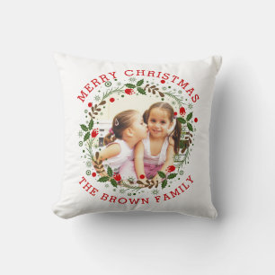 Red Merry Christmas, floral wreath holiday photo Cushion