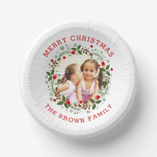 Red Merry Christmas, floral wreath holiday photo Paper Plate