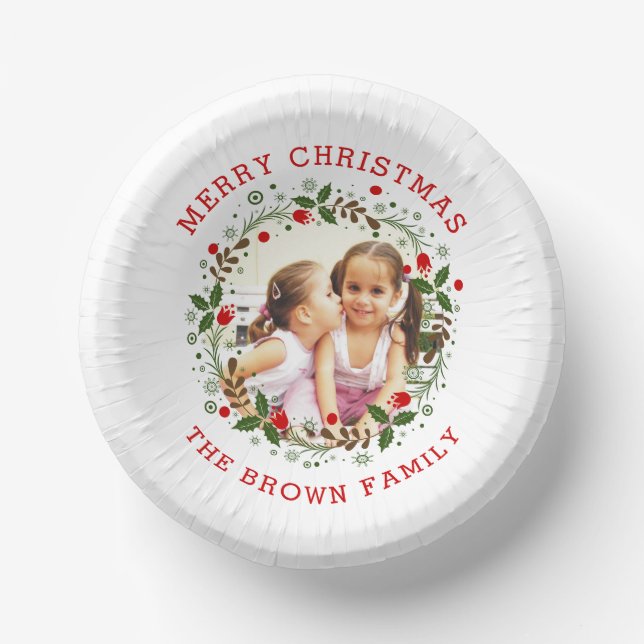 Red Merry Christmas, floral wreath holiday photo Paper Plate (Front)