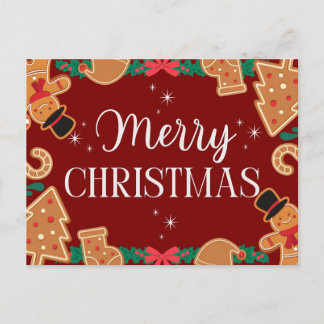 Red Merry Christmas Gingerbread  Holiday Postcard
