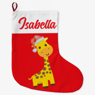 Red Merry Christmas Giraffe zoo Santa hat Xmas Large Christmas Stocking