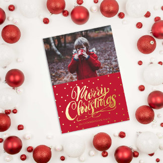 Red Merry Christmas Gold Photo Foil Holiday Card