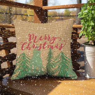 Red Merry Christmas Green Trees Faux Jute Burlap Cushion