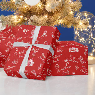Red Merry Christmas Hand Drawn Doodle Custom Name Wrapping Paper