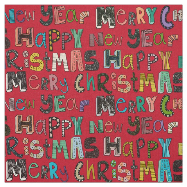 red merry christmas happy new year fabric (Swatch)