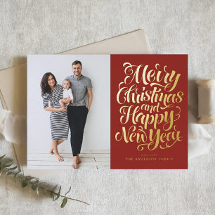 Red Merry Christmas & Happy New Year Photo Foil Holiday Card