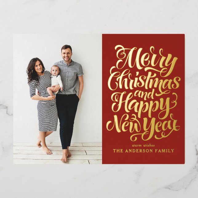 Red Merry Christmas & Happy New Year Photo Foil Holiday Postcard (Front)