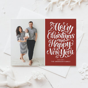 Red Merry Christmas & Happy New Year Photo Holiday Postcard
