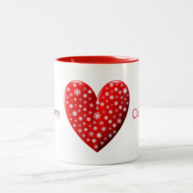 Red Merry Christmas Heart Two-Tone Coffee Mug (Center)