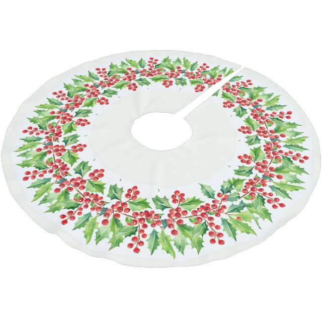Red Merry Christmas Holly Berries Xmas Pattern Brushed Polyester Tree Skirt (Angled)