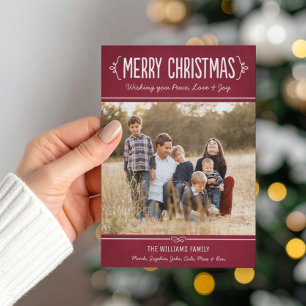 Red Merry Christmas   Joy Love Peace Wishes Photo Holiday Card