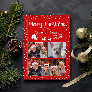 Red Merry Christmas Lights Three Photo Collage Holiday Card