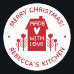 Red Merry Christmas Made With Love Baking Sticker<br><div class="desc">A personalised "made with love" sticker featuring a cute little red house with a heart and the words,  made with love. Personalise it by adding your own name. A pretty finishing touch for all of your homemade Christmas gifts. Designed for you by Blackberry Boulevard.</div>