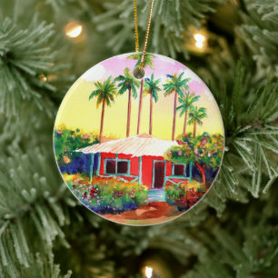 Red Merry Christmas Mele Kalikimaka Cottage Ceramic Tree Decoration
