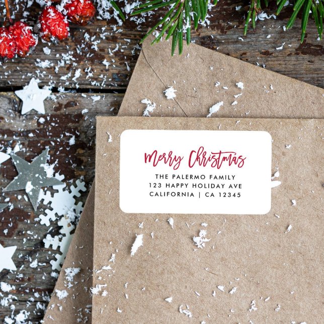 Red Merry Christmas Modern Typography Label (red modern merry christmas typography signature-like return address label with family name)