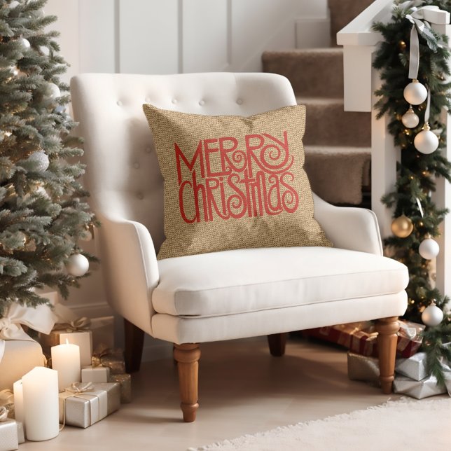 Red Merry Christmas On Faux Jute Burlap Cushion (Creator Uploaded)
