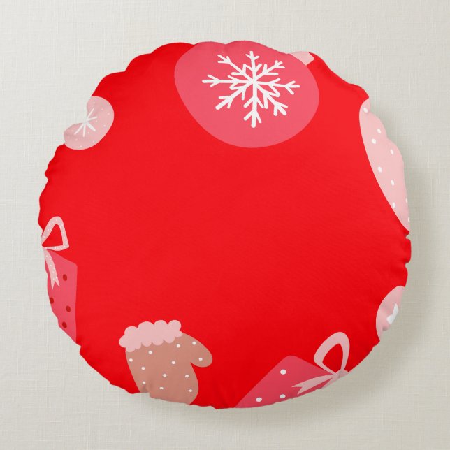 Red Merry Christmas Ornaments Snowflakes Gloves Round Cushion (Front)
