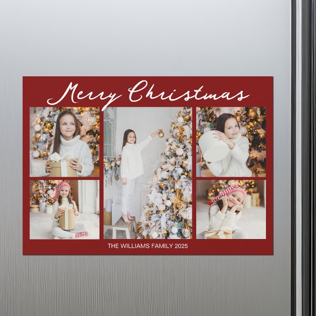 Red Merry Christmas Photo Collage 2025 Magnet Card (Creator Uploaded)
