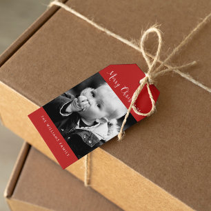 Red "Merry Christmas" Photo Holiday Gift Tags