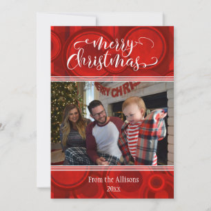 Red Merry Christmas Photo w/ Circles & Stripes Holiday Card