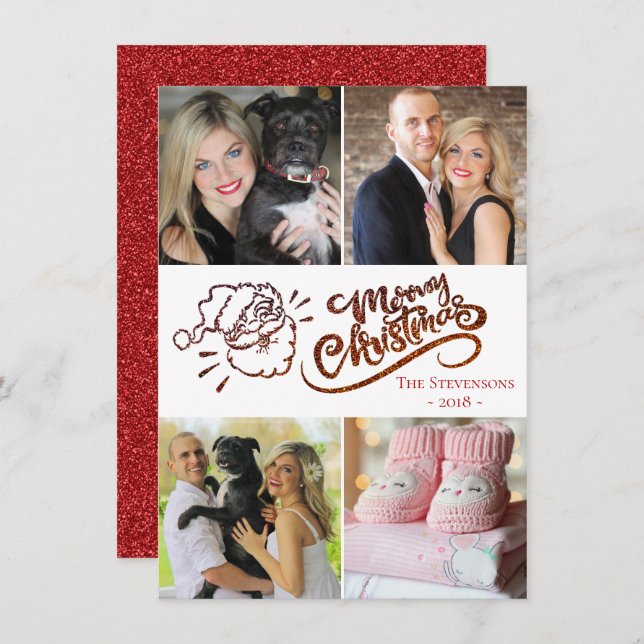 Red Merry Christmas Santa Modern 4 Photo Collage Holiday Card (Front/Back)