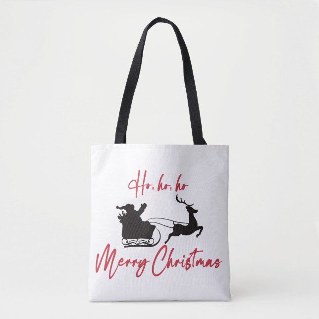 Red Merry Christmas Santa Sleigh and Reindeer Tote Bag (Front)