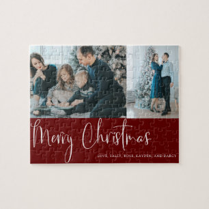 Red Merry Christmas Script 2 Photo Collage Holiday Jigsaw Puzzle