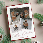 Red Merry Christmas script 3 photo collage  Holiday Card<br><div class="desc">Simple modern 3 family photos Merry Christmas handwritten calligraphy script red and white holiday card.           Easy to personalise with your pictures and text on both sides!</div>