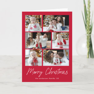 Red Merry Christmas Script 6 Photo Collage Holiday Card