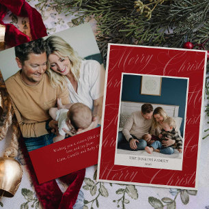 Red Merry Christmas Script Family Two Photo Holiday Card
