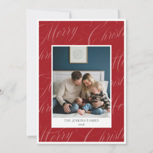 Red Merry Christmas Script Family Two Photo Holiday Card
