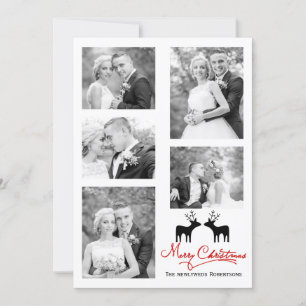 Red Merry Christmas script newlyweds photo collage Holiday Card