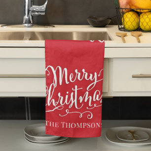 Red Merry Christmas Script Personalised Tea Towel