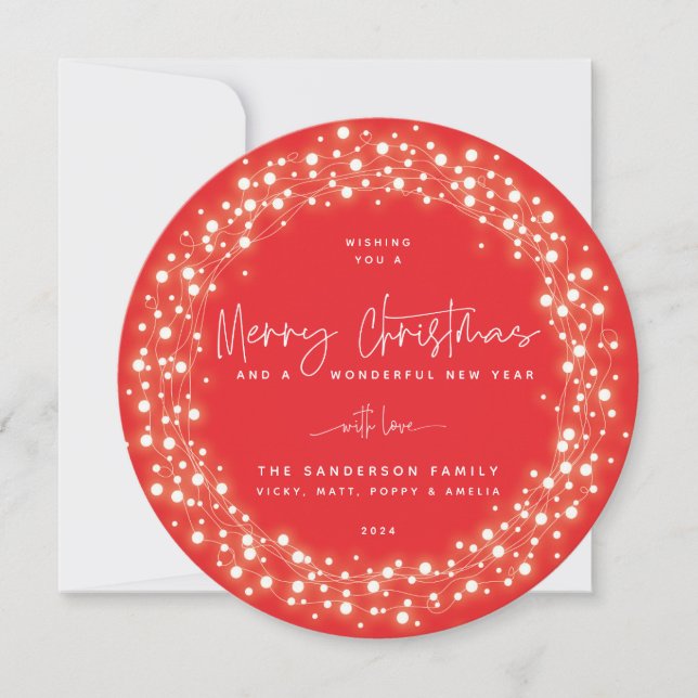 Red Merry Christmas Script Sparkling Lights Holiday Card (Front)