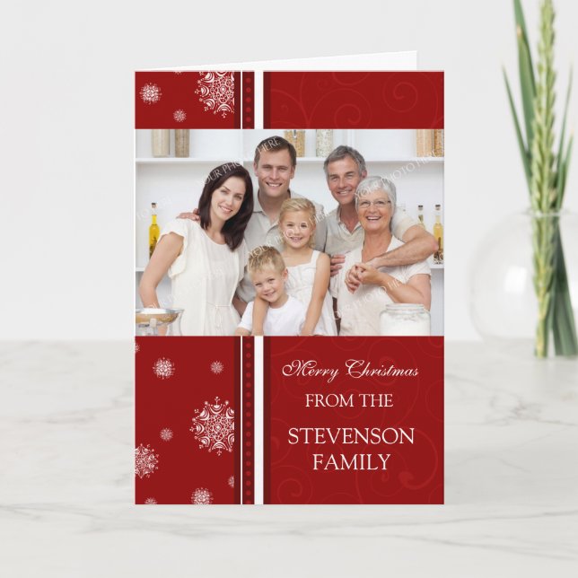 Red Merry Christmas Snowflakes Photo Card (Front)