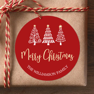 Red Merry Christmas Trees Script Name Whimsical Classic Round Sticker