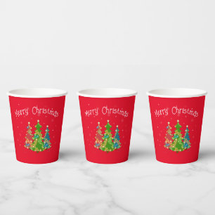Red Merry Christmas, Trees, Snowflakes, Fun Modern Paper Cups