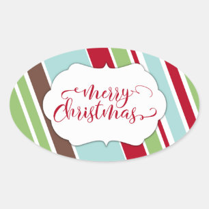 Red Merry Christmas Typography w/ Diagonal Stripes Oval Sticker