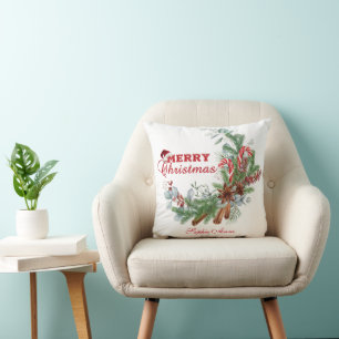 Red Merry Christmas Winter Bouquet Monogram Cushion