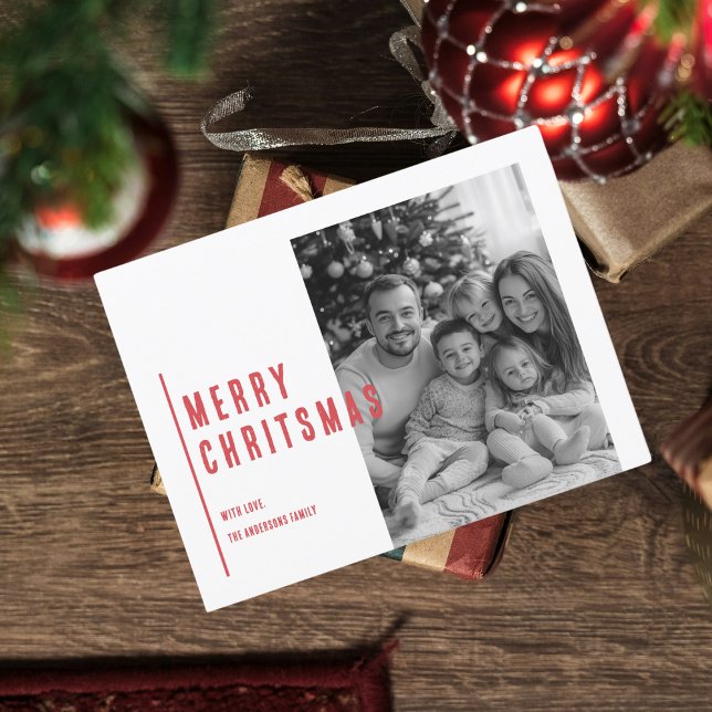 Red Merry Christmas with Black & White Photo Postcard (Creator Uploaded)