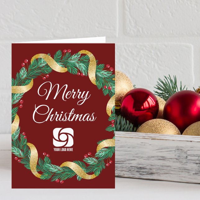 Red Merry Christmas Wreath Custom Business Logo Holiday Card (Creator Uploaded)