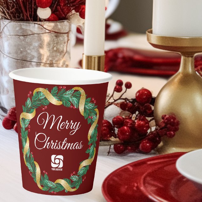 Red Merry Christmas Wreath Custom Company Paper Cups (Creator Uploaded)