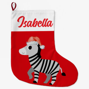 Red Merry Christmas Zebra zoo Santa hat Xmas Large Christmas Stocking