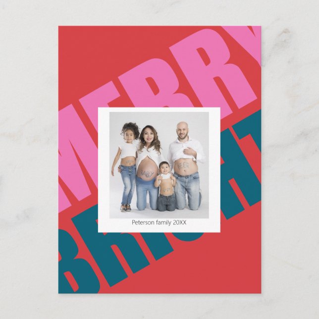 Red merry colourful christmas modern photo family postcard (Front)